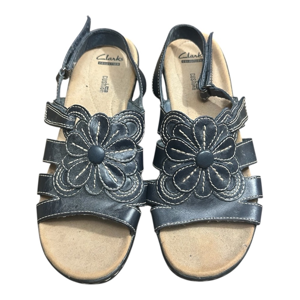 Clarks Collection Women’s Leather Floral Slingback Sandals – Black – Size 9.5